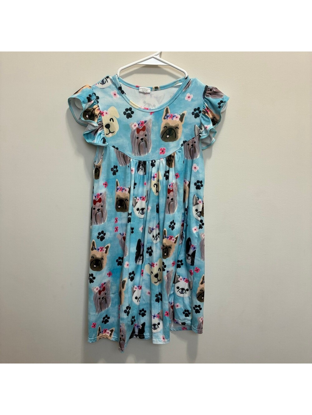 Girls Dog Print Dress Blue Flutter Sleeve Cute Puppies Size 10 12 5XL